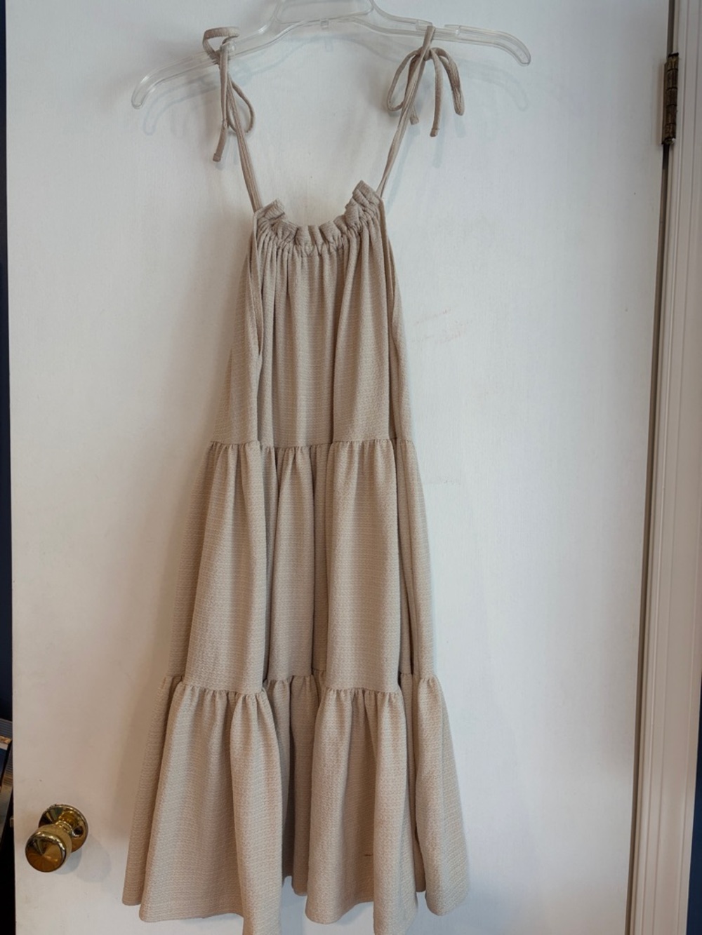 H&M Beige Tiered Tie-Shoulder Midi Dress
